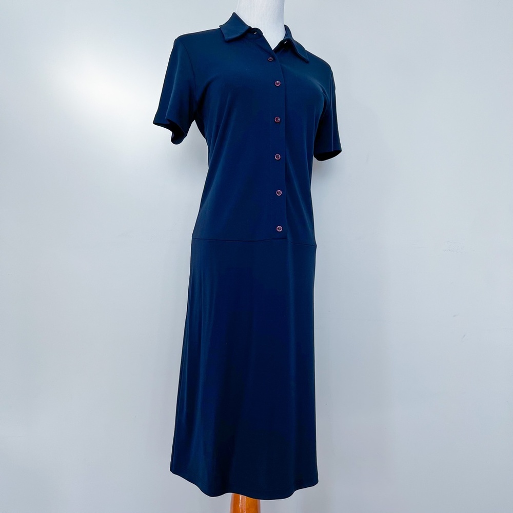 CITY DKNY Office Jersey Dark Blue Dress Knee Length Drop Waist Short Sleeve M